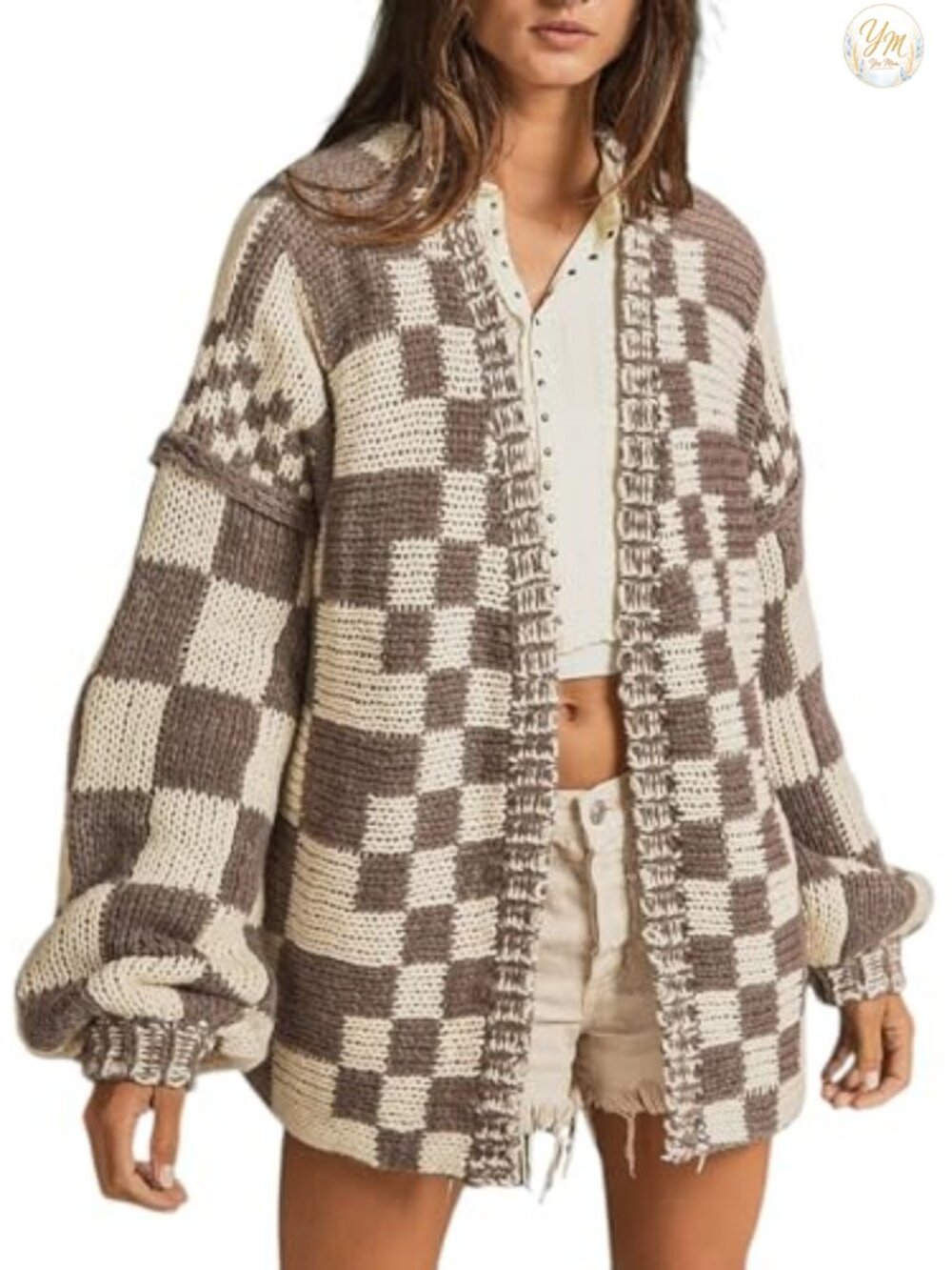 Chunky Checkered Cardigan Sweater Open Front Long Sleeve Acrylic